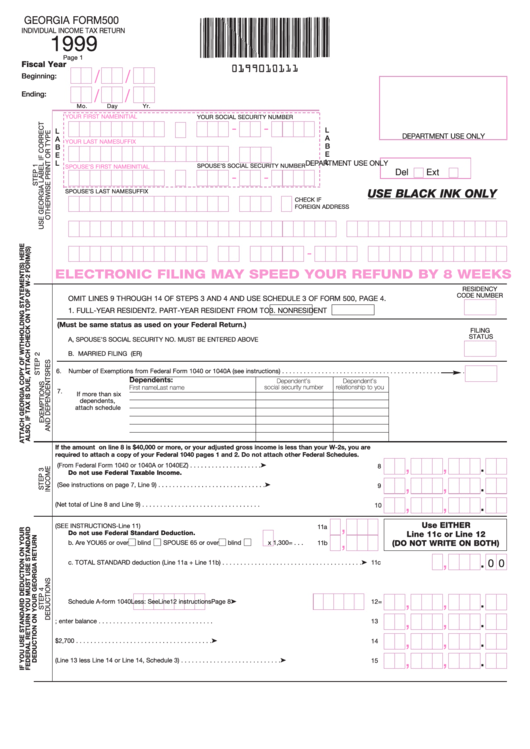 Georgia Form 500 Individual Income Tax Return 1999 Printable Pdf Download