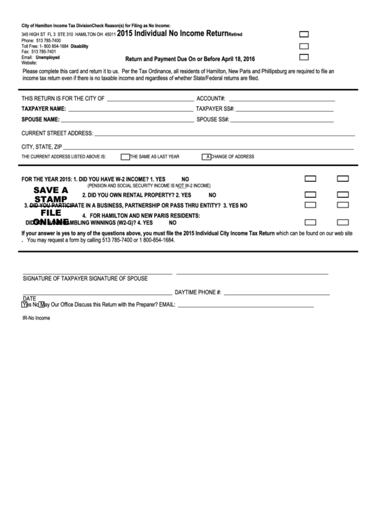 Form Ir-No Income - Individual No Income Return - 2015 Printable pdf