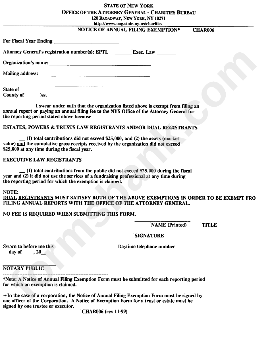 Form Char006 - Notice Of Annual Filing Exemption - New York Charities Bureau