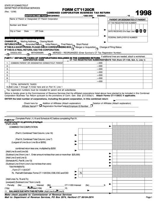 Fillable Form Ct-1120cr - Combined Corporation Business Tax Return - 1998 Printable pdf