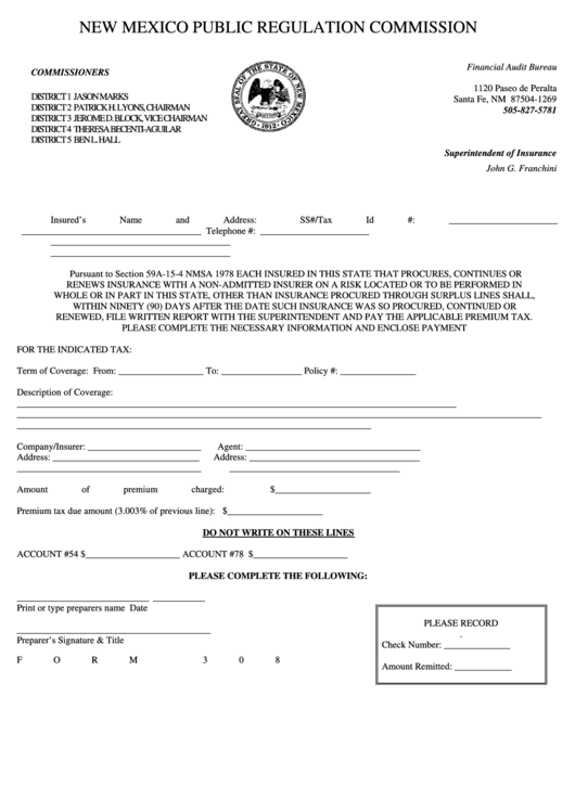 Fillable Form 308 - New Mexico Public Regulation Commission Printable pdf