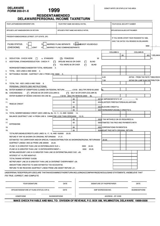 Delaware Form 200-01-X - Resident Amended Personal Income Tax Return - 1999 Printable pdf