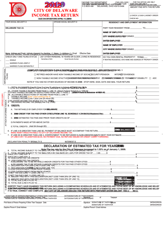 City Of Delaware Income Tax Return - 2012 Printable pdf