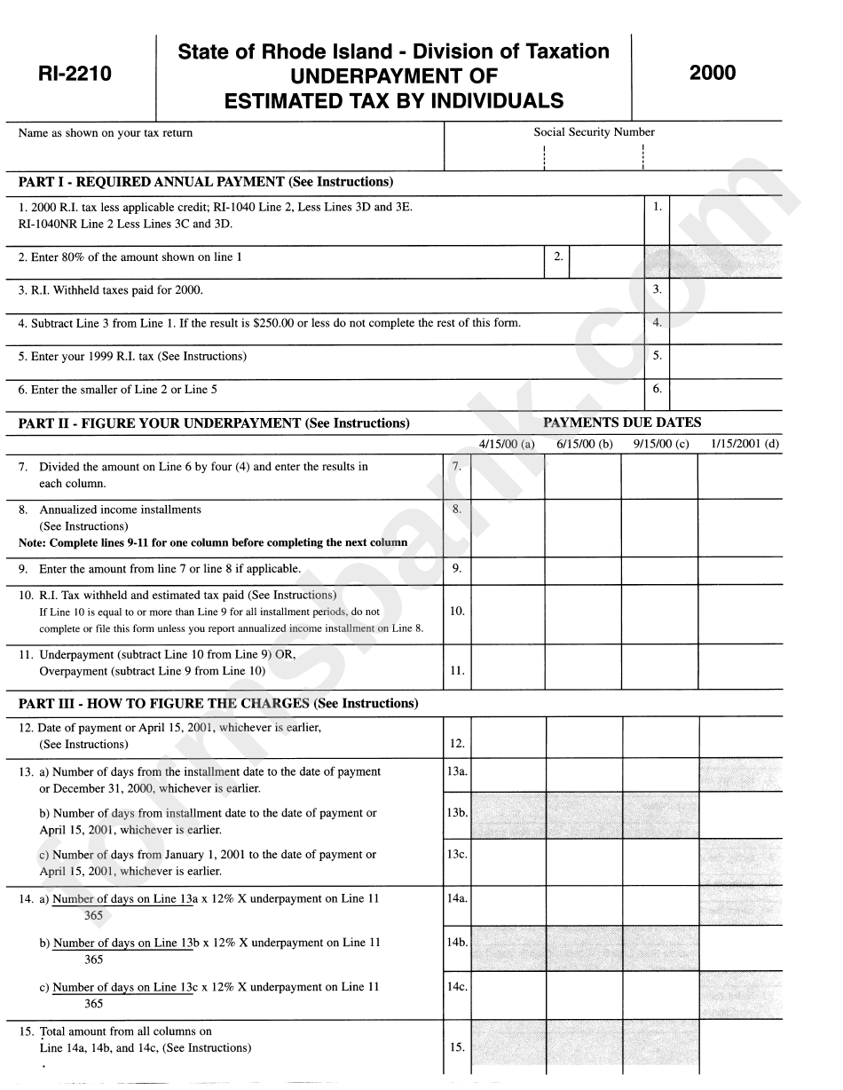 Form Ri-2210 - Underpayment Of Estimated Tax By Individuals 2000 - Rhode Island Division Of Taxation