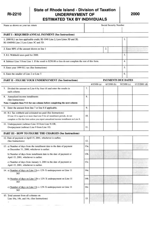 Form Ri-2210 - Underpayment Of Estimated Tax By Individuals 2000 - Rhode Island Division Of Taxation Printable pdf