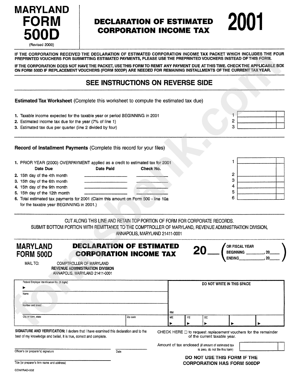 Form 500d - Declaration Of Estimated Corporation Income Tax 2001 - Maryland