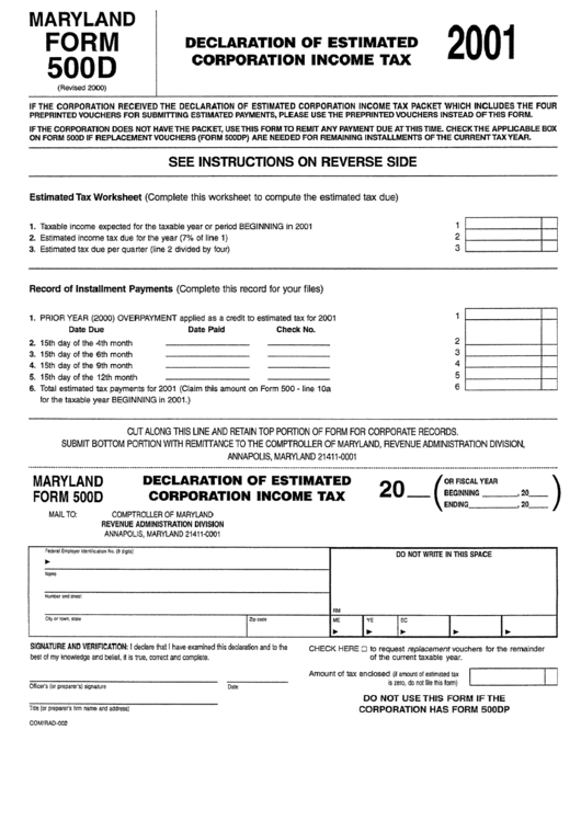 Form 500d - Declaration Of Estimated Corporation Income Tax 2001 - Maryland Printable pdf