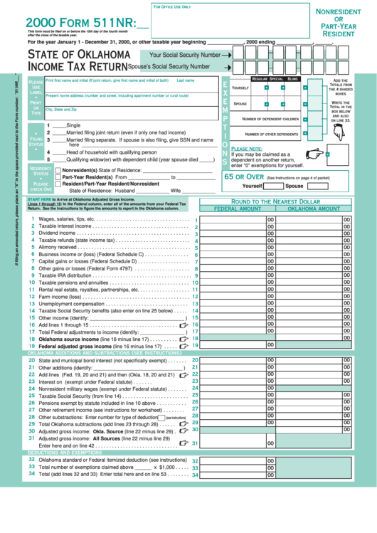 Form 511nr - State Of Oklahoma Income Tax Return 2000 Printable pdf