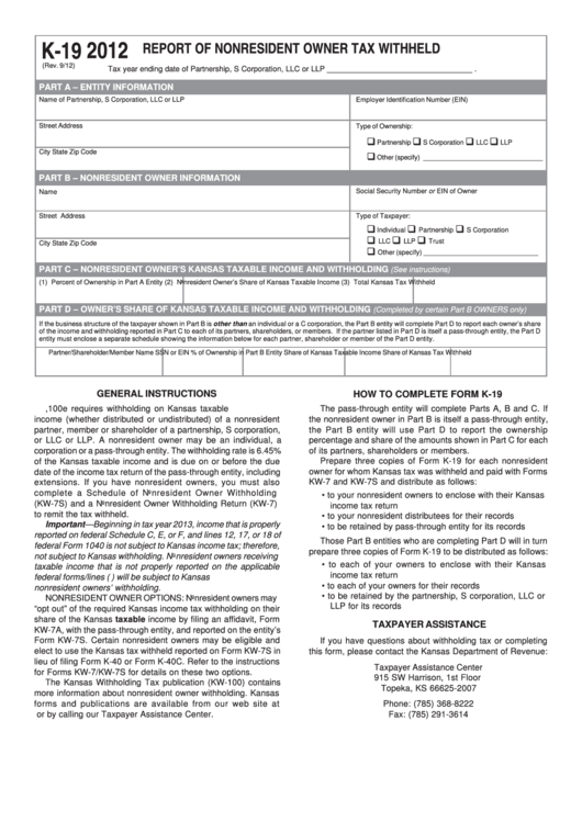 Form K-19 - Report Of Nonresident Owner Tax Withheld - 2012 Printable pdf