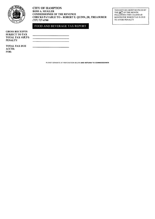 Food And Beverage Tax Report Form - City Of Hampton, Virginia Printable pdf