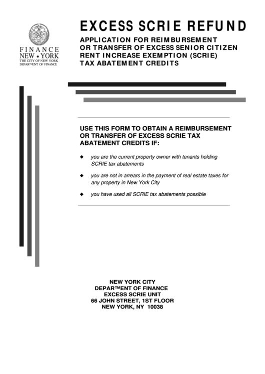 Fillable Application For Reimbursement Or Transfer Of Excess Senior Citizen Rent Increase Exemption (Scrie) Tax Abatement Credits - 2004 Printable pdf