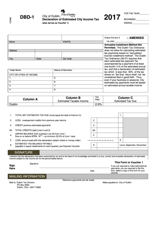Fillable Form Dbd-1 - Declaration Of Estimated City Income Tax - 2017 Printable pdf