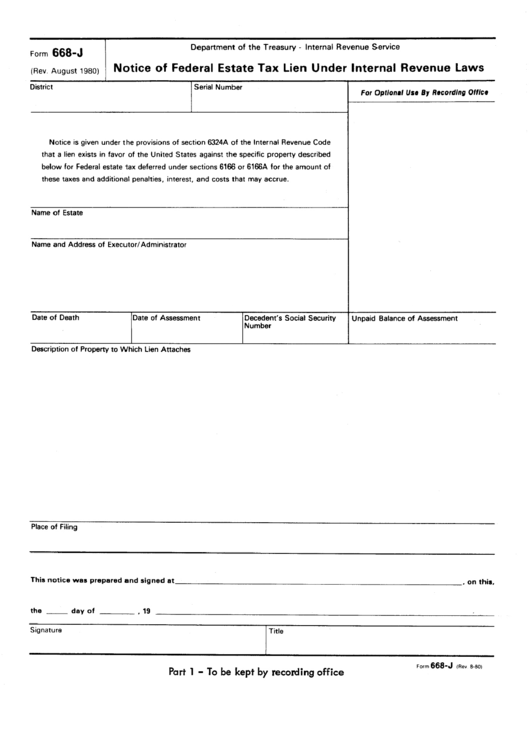Form 668-J - Notice Of Federal Estate Tax Lien Under Internal Revenue Laws Printable pdf