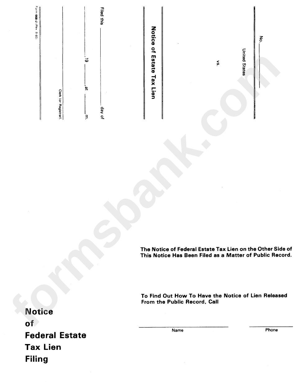 Form 668-J - Notice Of Federal Estate Tax Lien Under Internal Revenue Laws