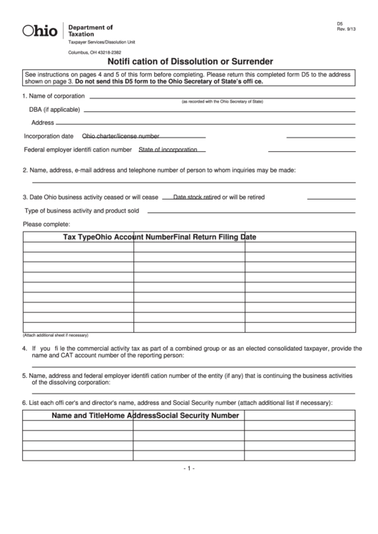 Fillable Form D5 - Notification Of Dissolution Or Surrender - 2013 Printable pdf
