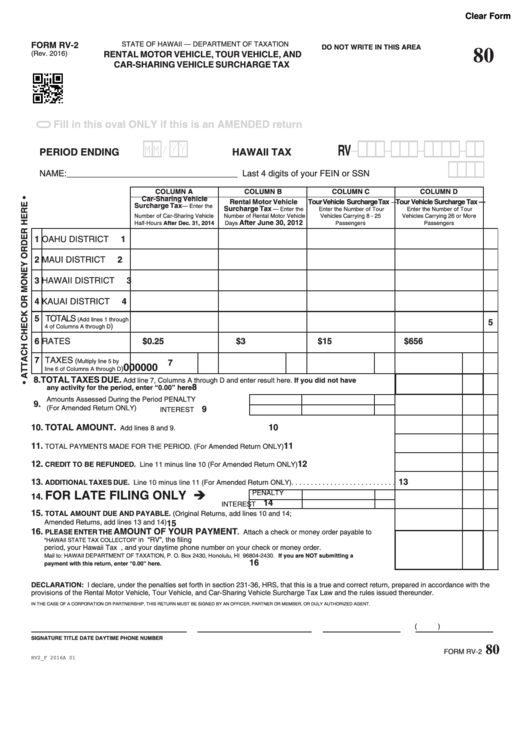 Fillable Form Rv-2 - Rental Motor Vehicle, Tour Vehicle, And Car-Sharing Vehicle Surcharge Tax - 2016 Printable pdf