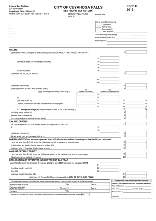 Form R - Net Profit Tax Return - 2016 Printable pdf
