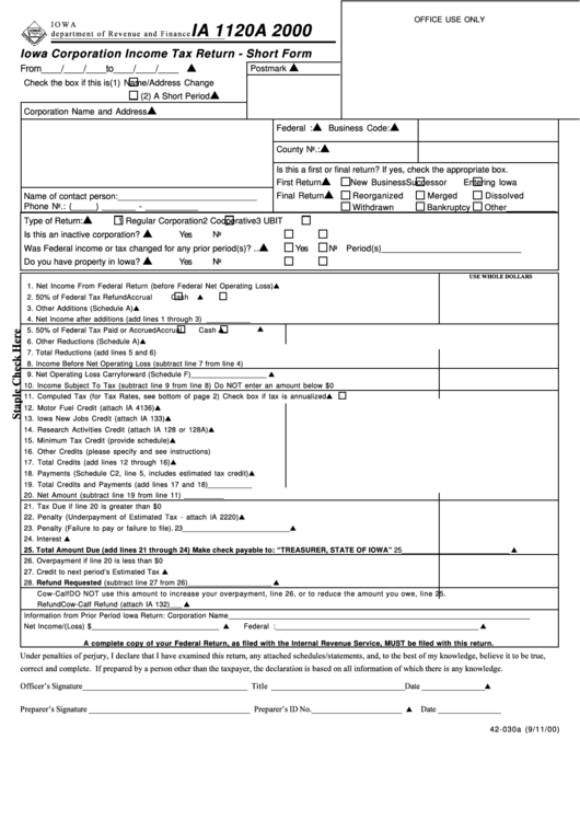 Form Ia 1120a - Iowa Corporation Income Tax Return - Short Form - 2000