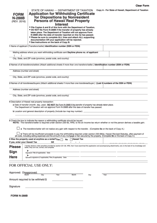 Fillable Form N-288b - Application For Withholding Certificate For Dispositions By Nonresident Persons Of Hawaii Real Property Interest - 2016 Printable pdf