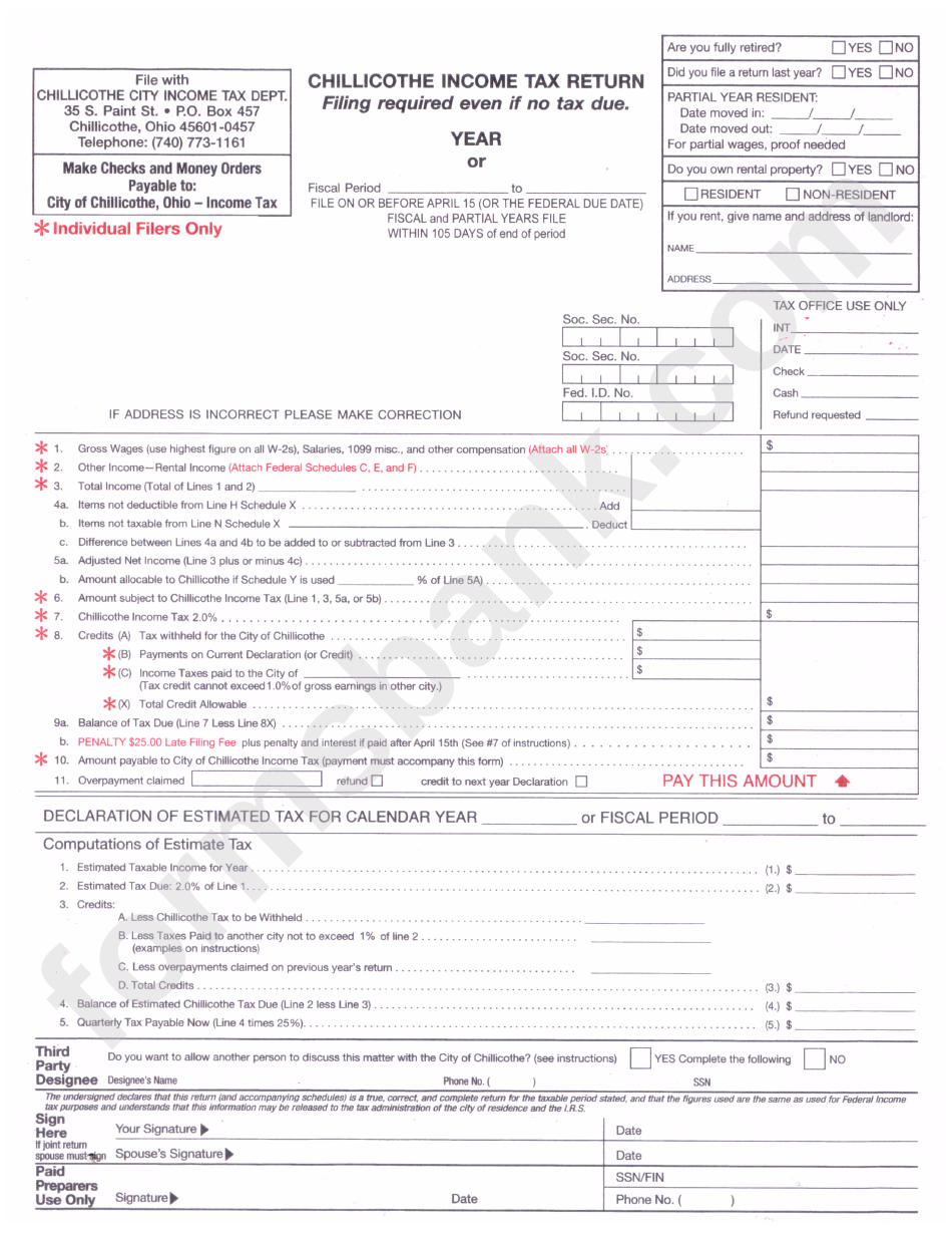 Fillable Chillicothe Tax Return Form Ohio Tax