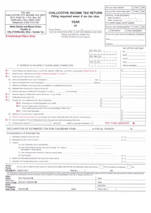 Fillable Chillicothe Income Tax Return Form - Ohio Income Tax Department printable pdf download