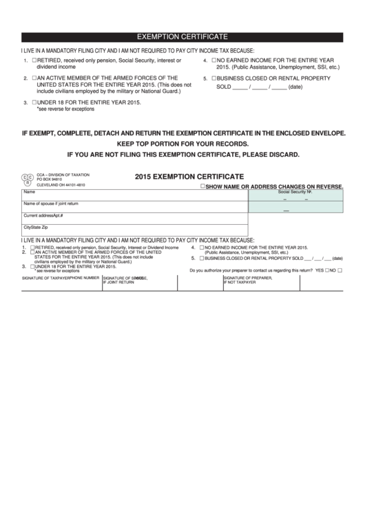 Fillable Exemption Certificate Form - Division Of Taxation - 2015 Printable pdf