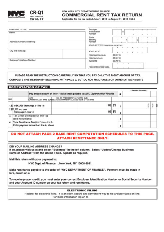 Form Cr-Q1 - Commercial Rent Tax Return - 2016/2017 Printable pdf