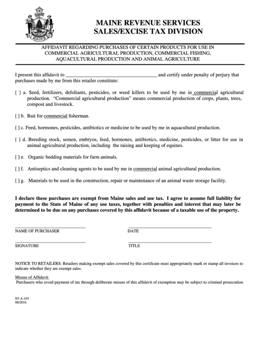 Form St-a-103 - Affidavit Regarding Purchases Of Certain Products For Use In Commercial Agricultural Production, Commercial Fishing, Aquacultural Production And Animal Agriculture