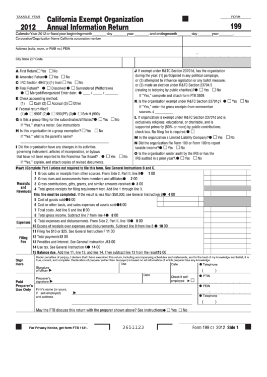 Form 199 - California Exempt Organization Annual Information Return - 2012 Printable pdf