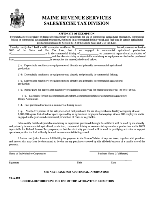 Form St-A-102 - Affidavit Of Exemption - Maine Revenue Services Printable pdf