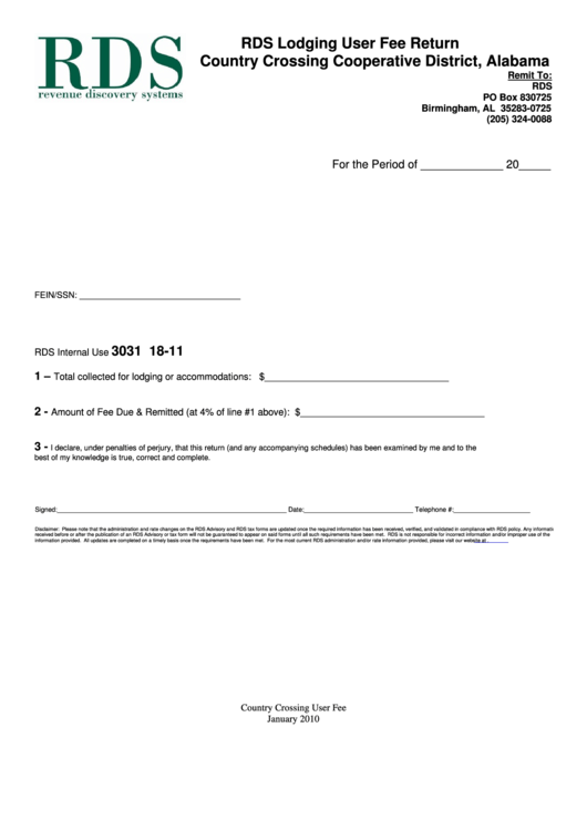 Rds Lodging User Fee Return - 2010 Printable pdf