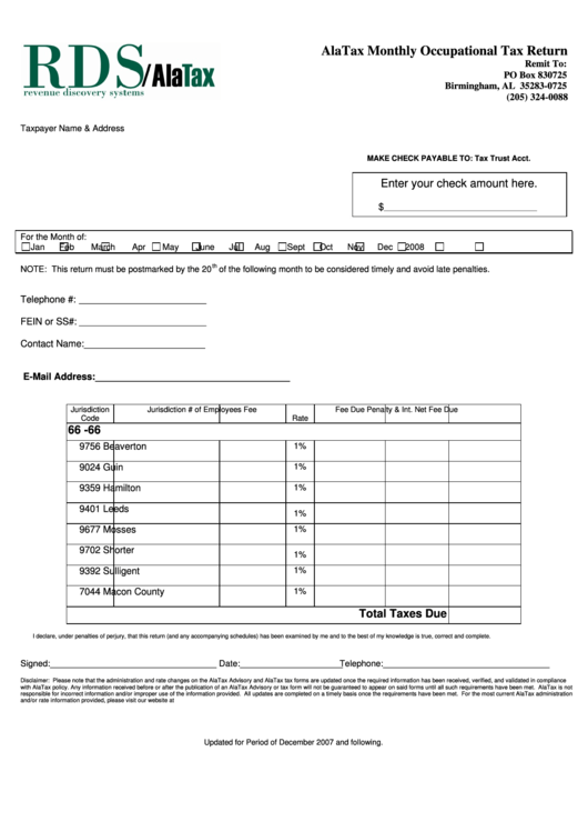 Alatax Monthly Occupational Tax Return Form Printable pdf
