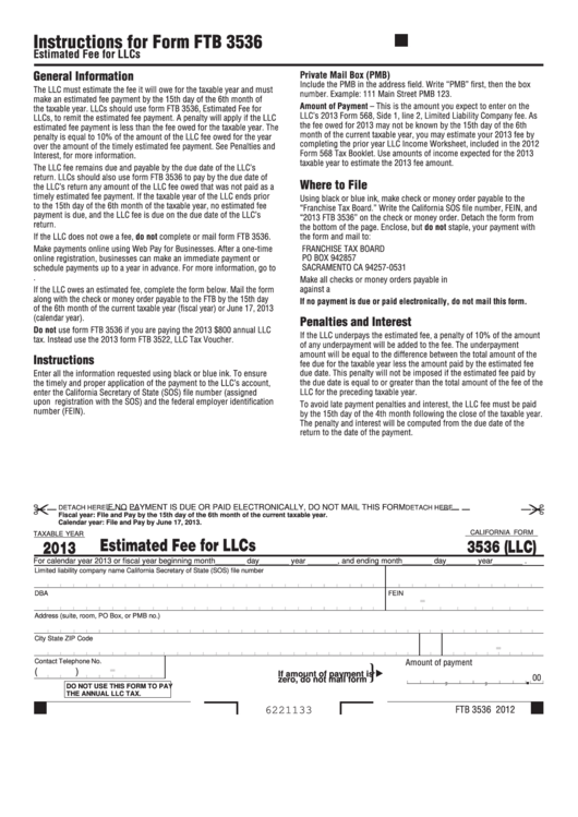 California Form 3536 (Llc) - Estimated Fee For Llcs - 2013 Printable pdf