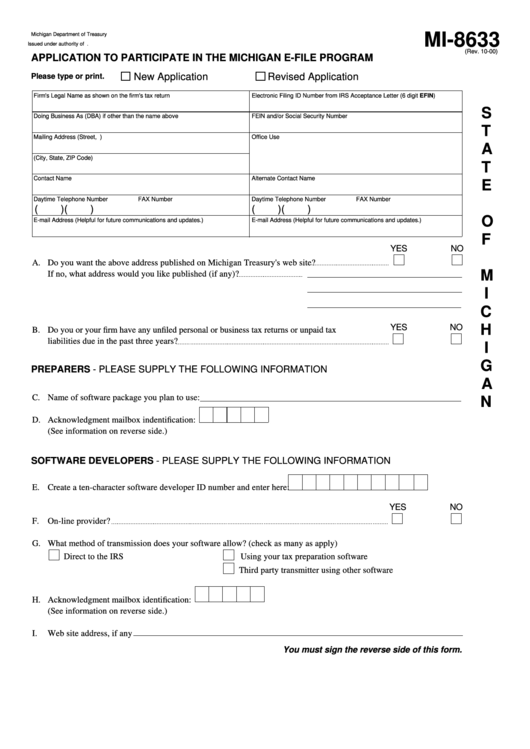 Form Mi-8633 - Application To Participate In The Michigan E-File Program October 2000 Printable pdf
