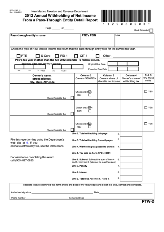 Form Rpd-41367 - Annual Withholding Of Net Income From A Pass-Through Entity Detail Report - 2012 Printable pdf