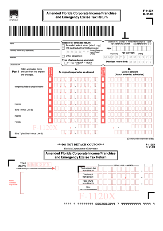 Form F-1120x - Amended Florida Corporate Income/franchise And Emergency Excise Tax Return 2003 Printable pdf