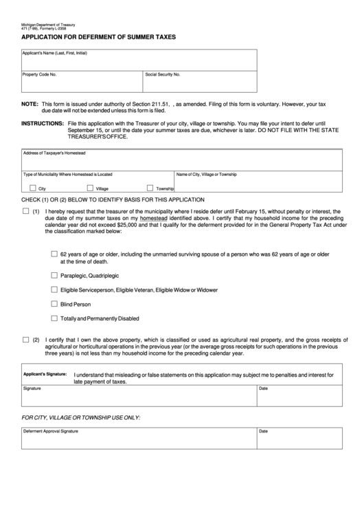 Form 471 - Application For Deferment Of Summer Taxes July 1999 Printable pdf