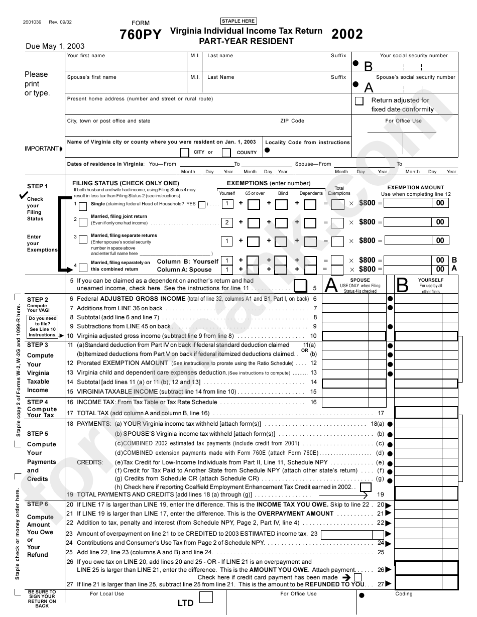 Form 760py - Virginia Individual Income Tax Return-Part-Year Resident - 2002