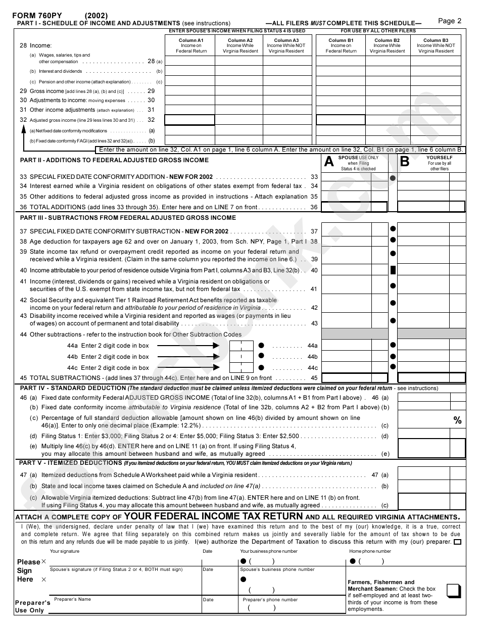 Form 760py - Virginia Individual Income Tax Return-Part-Year Resident - 2002