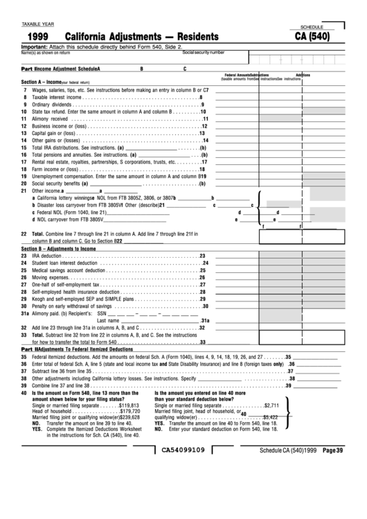 Schedule Ca (540) - California Adjustments - Residents (1999) Printable pdf