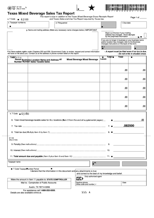 Fillable Form 67-103 - Texas Mixed Beverage Sales Tax Report - Comptroller Of Public Accounts Printable pdf