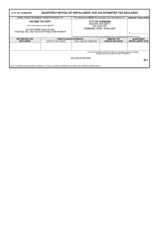 Form Q-1 - Quarterly Notice Of Installment Due On Estimated Tax Declared - Hubbard - Ohio Printable pdf