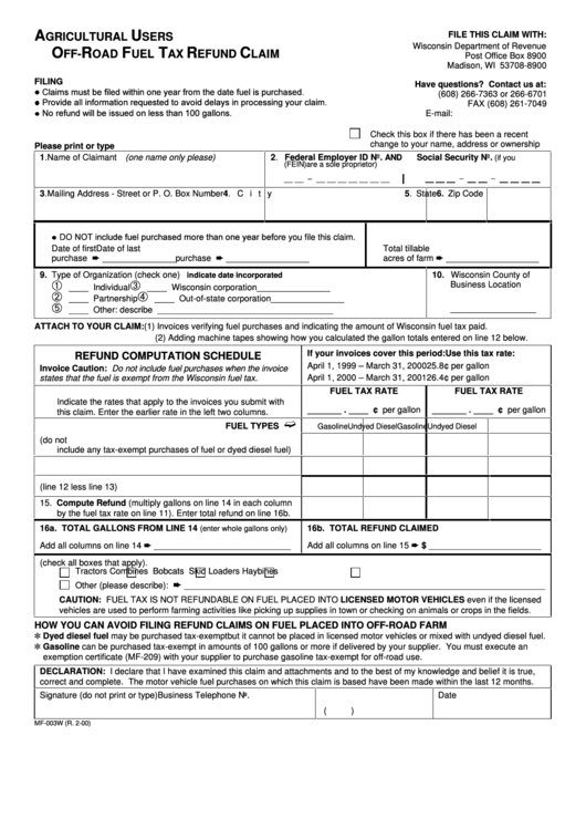 Form Mf 003w Agricultural Users Off Road Fuel Tax Refund Claim 