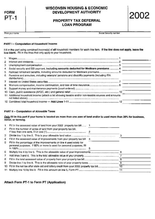 Form Pt-1 - Property Tax Deferral Loan Program - 2002 Printable pdf