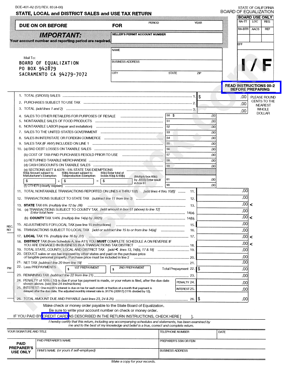 Form Boe-401-A2 - State, Local And District Sales And Use Tax Return