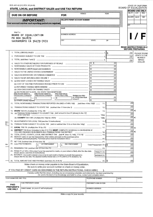 Fillable Form Boe-401-A2 - State, Local And District Sales And Use Tax Return Printable pdf