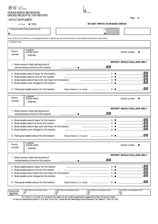 Fillable Form 67-101 - Texas Mixed Beverage Gross Receipts Tax Report ...