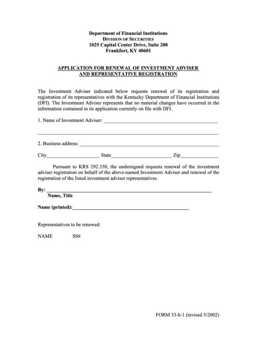 Form 33-H-1 - Application For Renewal Of Investment Adviser And Representative Registration - 2002 Printable pdf