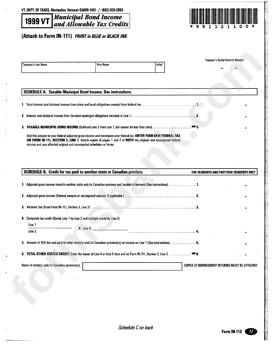 Form In-112 - Municipal Bond Income And Allowable Tax Credits (1999)