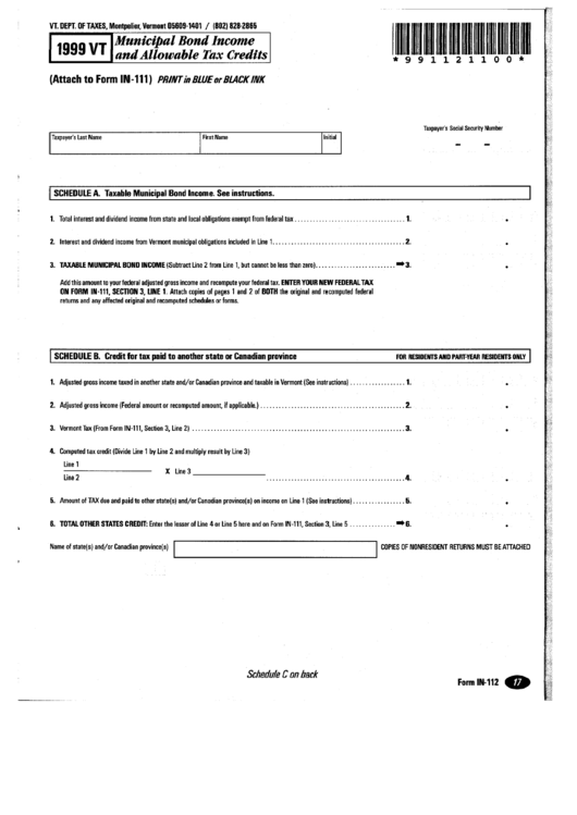 Form In-112 - Municipal Bond Income And Allowable Tax Credits (1999) Printable pdf
